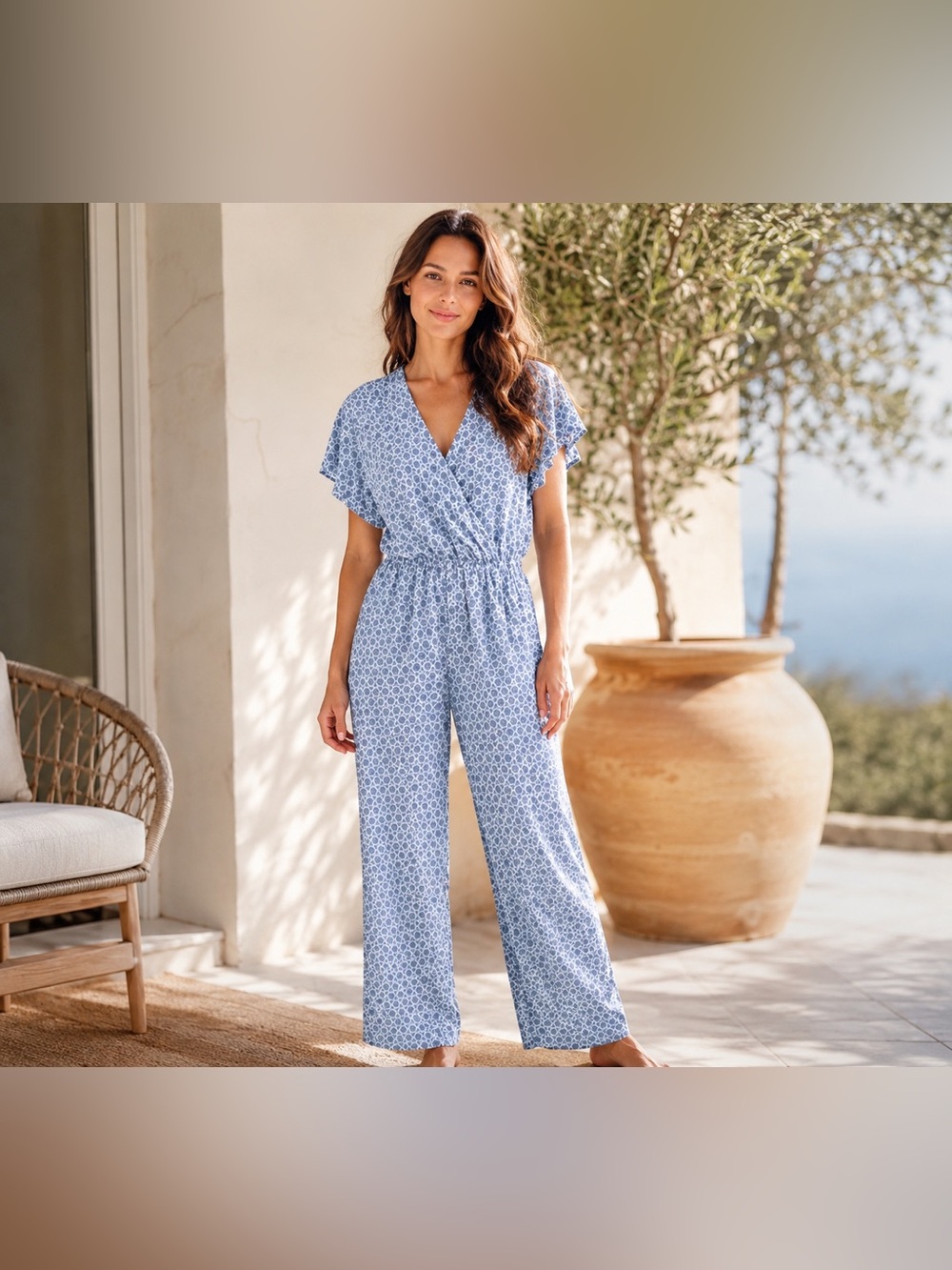 Made in Italy Blue Floral Jumpsuit Faux Wrap Elastic Waist Boho Coastal Wide Leg